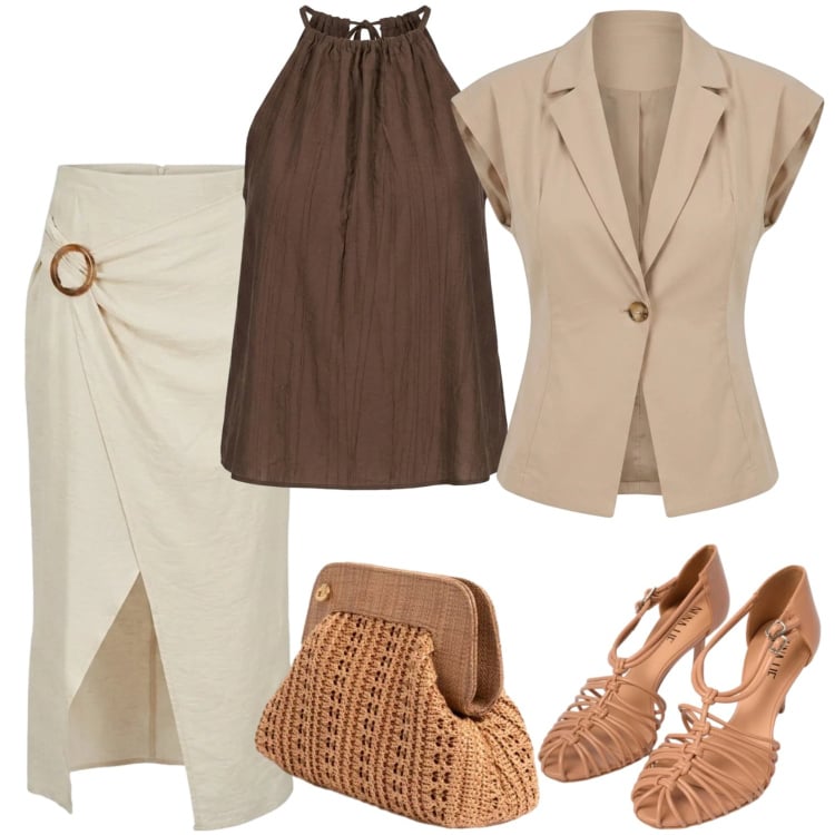 Outfit donna - Total look #2418883. Stile Casual chic per Ufficio. Abbinamento con sandali in pelle, gonne longuette, blazer, canottiere, clutch.