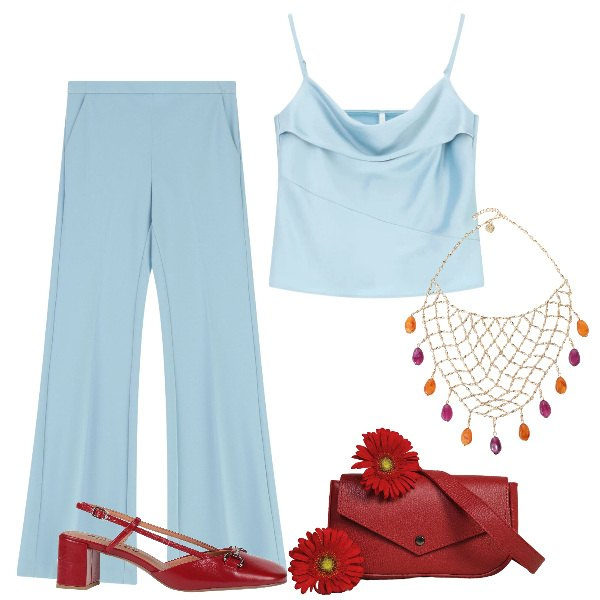 Outfit donna - Evento pomeridiano. Stile Romantica per Cerimonia. Abbinamento con décolleté, pantaloni, canottiere, borse a tracolla, collane.