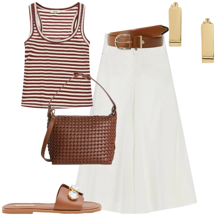 Outfit donna - Bianco oro e cacao super chic. Stile Casual chic per Tutti i giorni. Abbinamento con borse a spalla, cinture, sandali gioiello, orecchini, gonne lunghe, top.