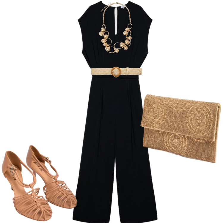 Outfit donna - Eleganza curvy. Stile Casual chic per Serata fuori. Abbinamento con cinture, tute, sandali in pelle, clutch, collane.