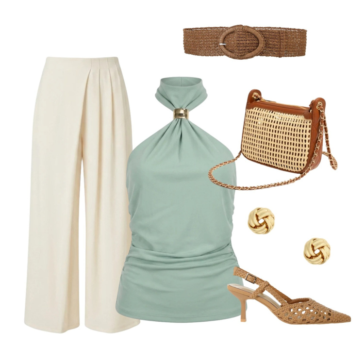 Outfit donna - chic mediterraneo. Stile Chic per Serata fuori. Abbinamento con cinture, décolleté, orecchini, pantaloni a palazzo, borse a spalla, top.
