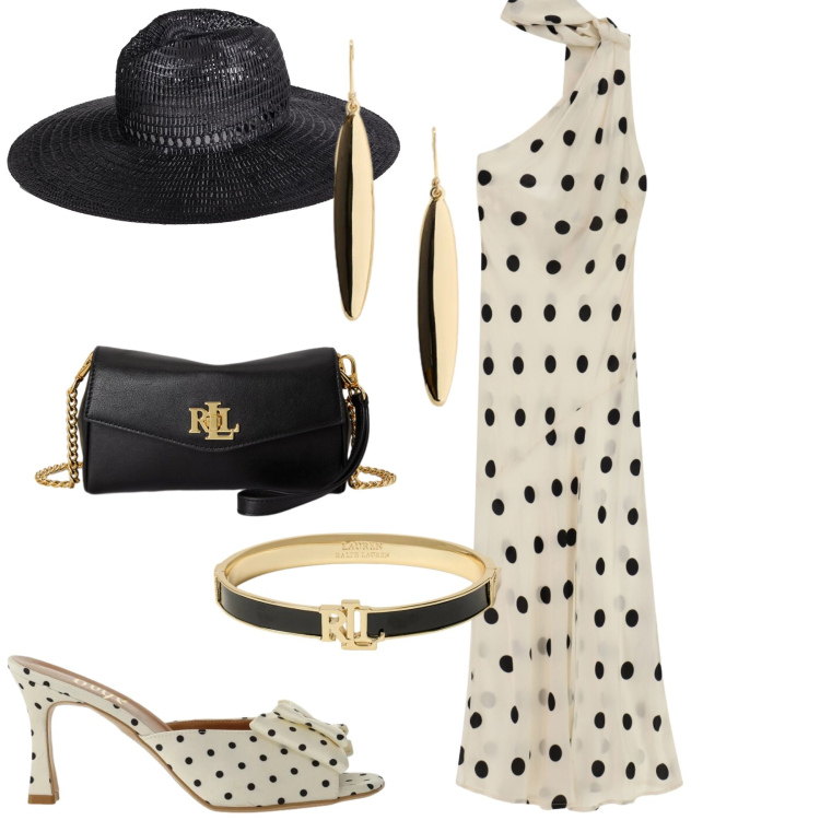 Outfit donna - Un po\' diva. Stile Glamour per Serata fuori. Abbinamento con cappelli, braccialetti, portafogli, orecchini, vestiti lunghi, sandali col tacco.