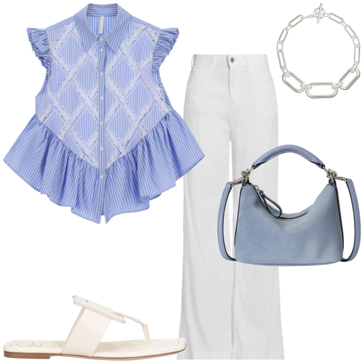 Outfit donna - Stile naturale curvy. Stile Casual chic per Ufficio. Abbinamento con jeans, ciabatte, camicie a manica corta, borse a spalla, collane.