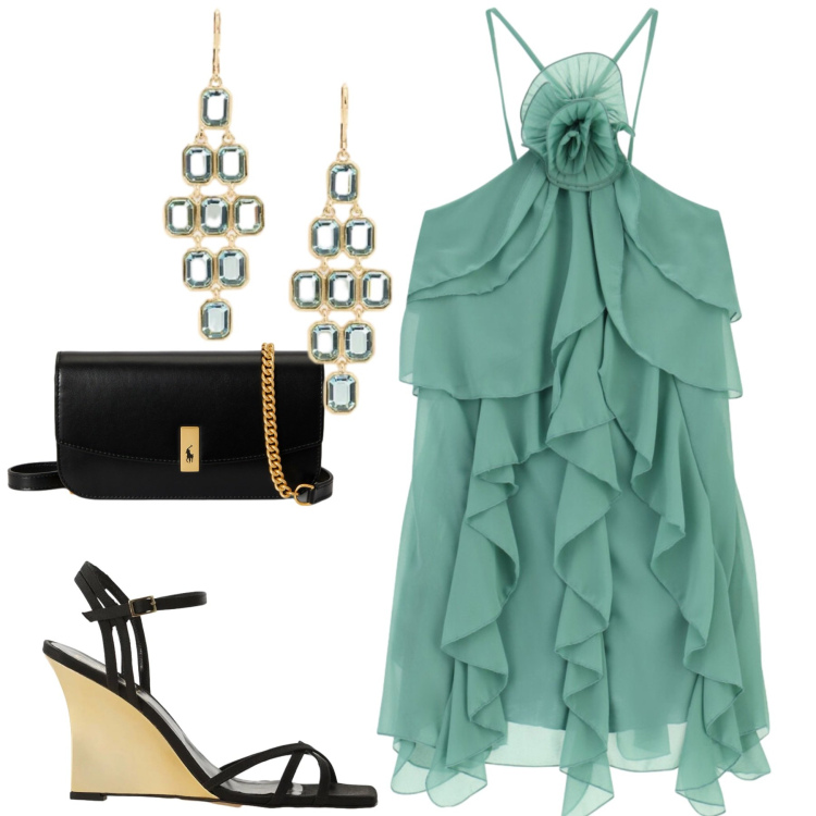 Outfit donna - Cerimonia. Stile Chic per Cerimonia. Abbinamento con clutch, orecchini, sandali col tacco, vestiti corti.