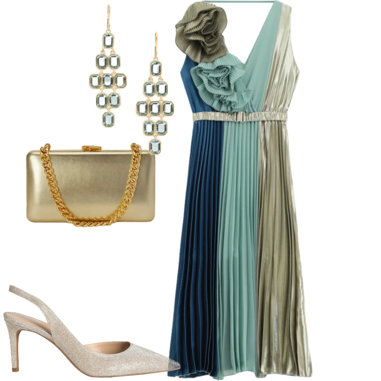 Outfit donna - Cerimonie. Stile Glamour per Cerimonia. Abbinamento con décolleté, clutch, orecchini, vestiti asimmetrici.