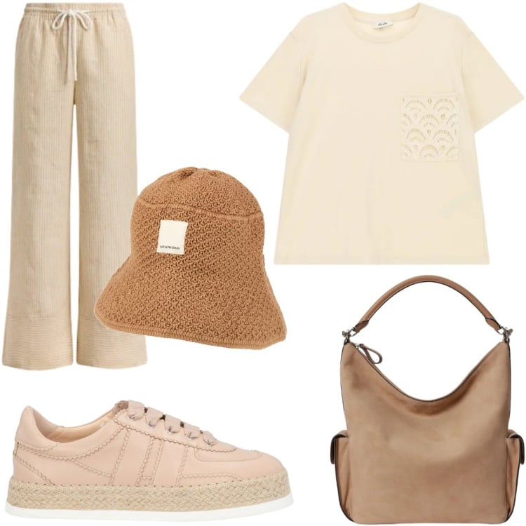Outfit donna - Natural style. Stile Casual chic per Tutti i giorni. Abbinamento con cappelli, espadrillas, pantaloni, borse a spalla, t-shirt.