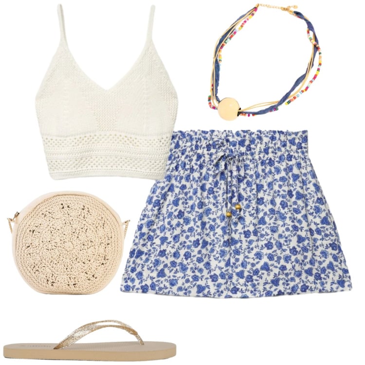 Outfit donna - Al mare. Stile Romantica per Mare. Abbinamento con borse a tracolla, infradito, top, shorts, collane.