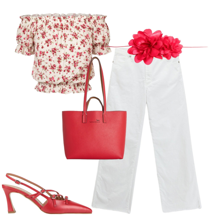 Outfit donna - Bianco e rosso. Stile Casual per Tutti i giorni. Abbinamento con décolleté, shopping bag, jeans, top, cinture.