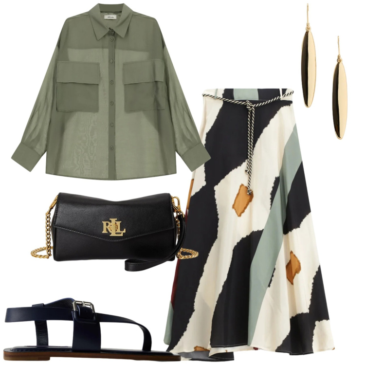 Outfit donna - Serata. Stile Trendy per Serata fuori. Abbinamento con sandali in pelle, orecchini, portafogli, gonne lunghe, camicie.