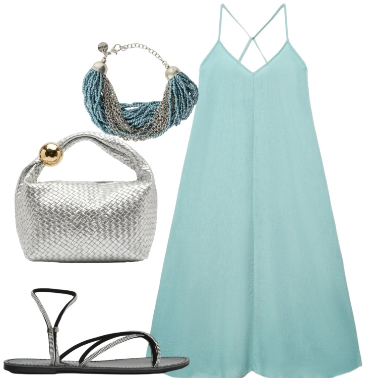 Outfit donna - Giugno. Stile Romantica per Tutti i giorni. Abbinamento con sandali, vestiti lunghi, braccialetti, borse a mano.