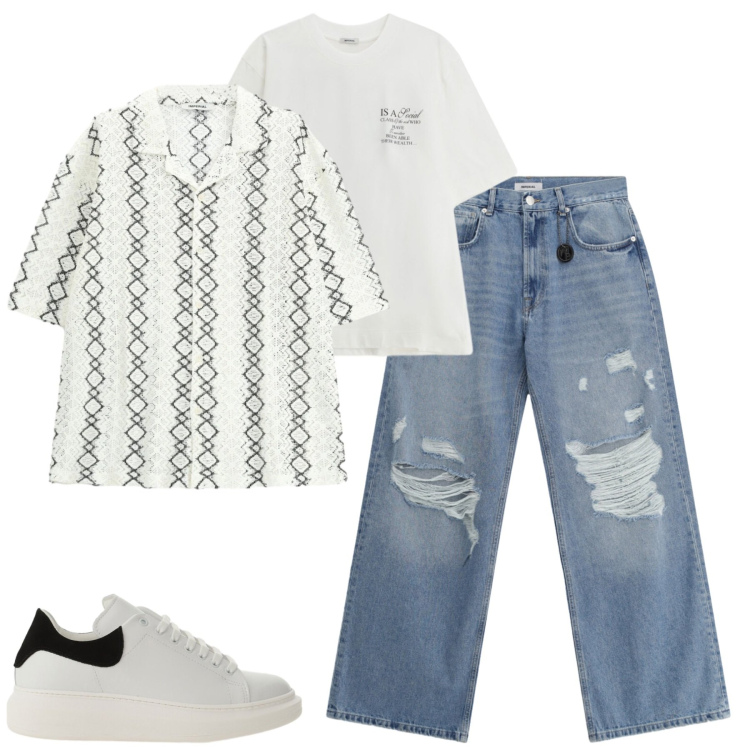 Outfit uomo - Giugno. Stile Casual per Tutti i giorni. Abbinamento con jeans strappati, t-shirt, sneakers, camicie a manica corta.