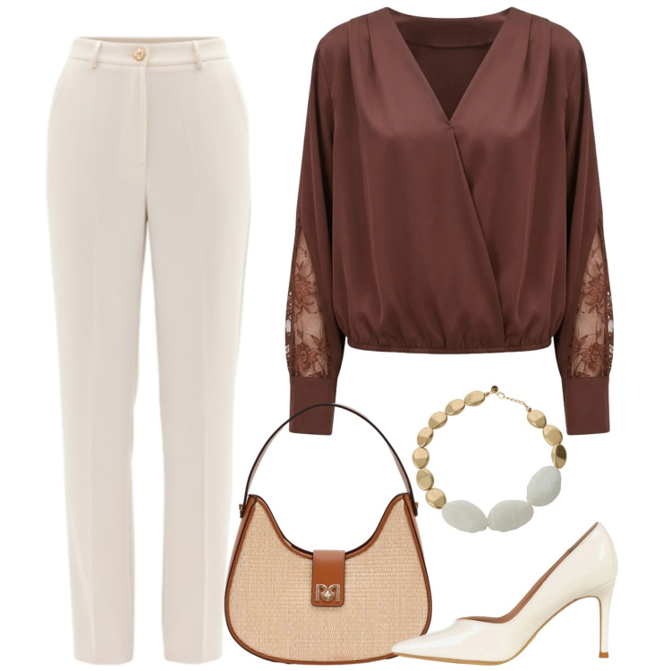 Outfit donna - Parlare in pubblico. Stile Chic per Serata fuori. Abbinamento con bluse, pantaloni, borse a spalla, décolleté, collane.
