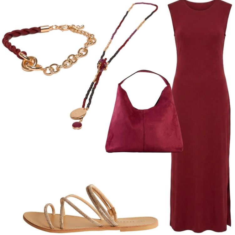 Outfit donna - Vestito lungo in tessuto leggero. Stile Chic per Serata fuori. Abbinamento con borse a spalla, sandali, vestiti midi/longuette, collane, braccialetti.