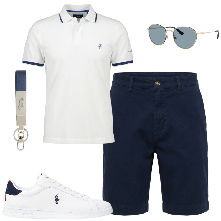 Outfit uomo - Sneakers bianche in estate. Stile Casual per Tutti i giorni. Abbinamento con polo, bermuda, portachiavi, sneakers, occhiali da sole.