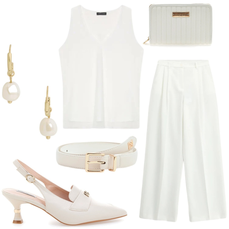 Outfit donna - Mediterranean Chic. Stile Chic per Serata fuori. Abbinamento con pantaloni a palazzo, cinture, top, orecchini, décolleté, portafogli.