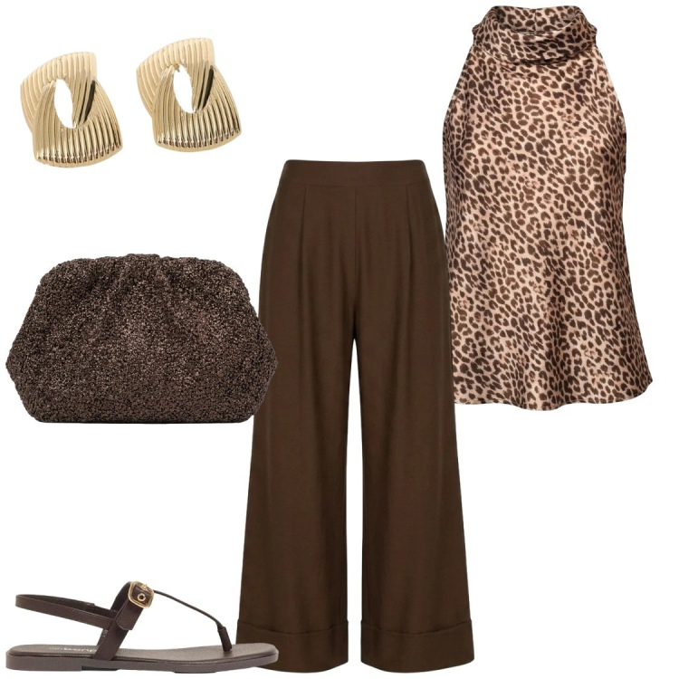 Outfit donna - Top in seta. Stile Chic per Serata fuori. Abbinamento con sandali, orecchini, canottiere, pantaloni a palazzo, clutch.