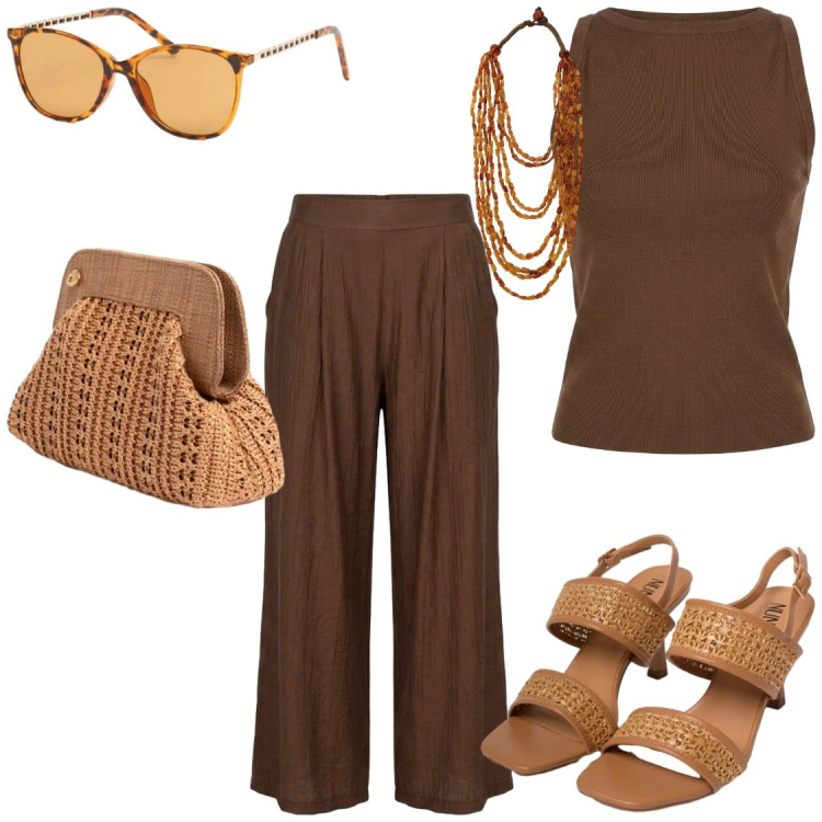 Outfit donna - Color cioccolato e tessuti leggeri. Stile Chic per Serata fuori. Abbinamento con collane, pantaloni a palazzo, canottiere, sandali in pelle, occhiali da sole, clutch.