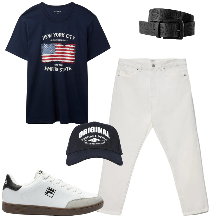 Outfit uomo - Bianco e blu. Stile Casual per Tutti i giorni. Abbinamento con cinture, sneakers, t-shirt, cappelli con visiera, jeans.