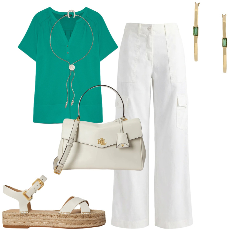 Outfit donna - City. Stile Casual chic per Tutti i giorni. Abbinamento con pantaloni cargo, t-shirt, braccialetti con ciondoli, espadrillas, borse a mano, orecchini.