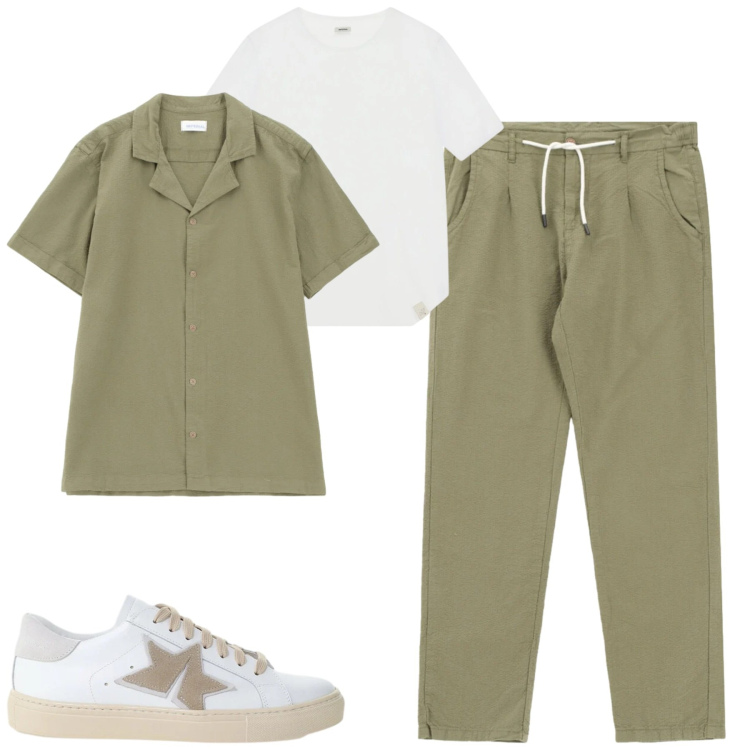 Outfit uomo - Aperitivo. Stile Trendy per Serata speciale. Abbinamento con pantaloni, camicie a manica corta, sneakers, t-shirt.