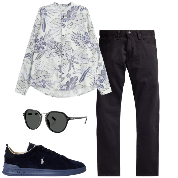 Outfit uomo - Aperitivo. Stile Trendy per Serata speciale. Abbinamento con camicie, occhiali da sole, jeans, sneakers.