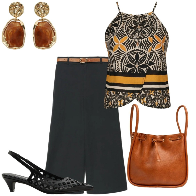 Outfit donna - Top a fantasia@Nunalie. Stile Chic per Tutti i giorni. Abbinamento con décolleté, pantaloni a palazzo, orecchini, canottiere, borse a secchiello.