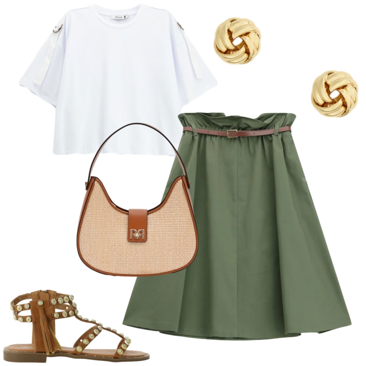 Outfit donna - Giugno in città. Stile Casual chic per Tutti i giorni. Abbinamento con sandali, gonne longuette, t-shirt, borse a spalla, orecchini.