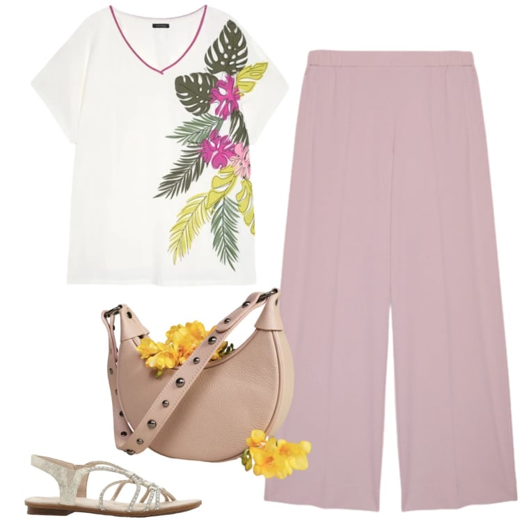 Outfit donna - La natura addosso. Stile Casual per Tutti i giorni. Abbinamento con sandali, pantaloni, t-shirt, borse a spalla.