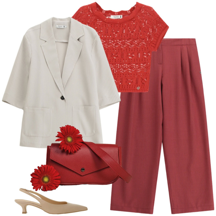 Outfit donna - Contrasti. Stile Casual chic per Ufficio. Abbinamento con pantaloni a palazzo, top, blazer, borse a tracolla, décolleté.