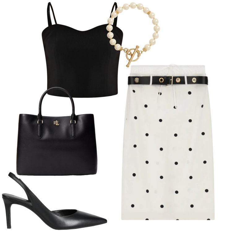 Outfit donna - Bianco e nero estivo. Stile Urban per Tutti i giorni. Abbinamento con décolleté, gonne longuette, top, borse a mano, collane.