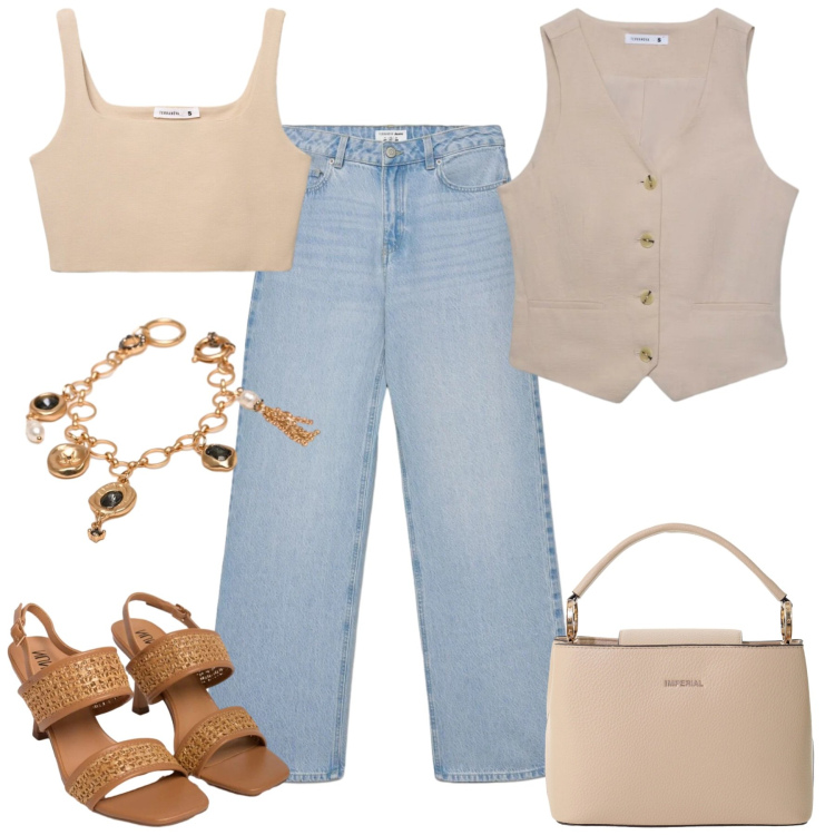 Outfit donna - Giugno. Stile Casual chic per Tutti i giorni. Abbinamento con jeans, gilet, canottiere, borse a secchiello, sandali in pelle, braccialetti.