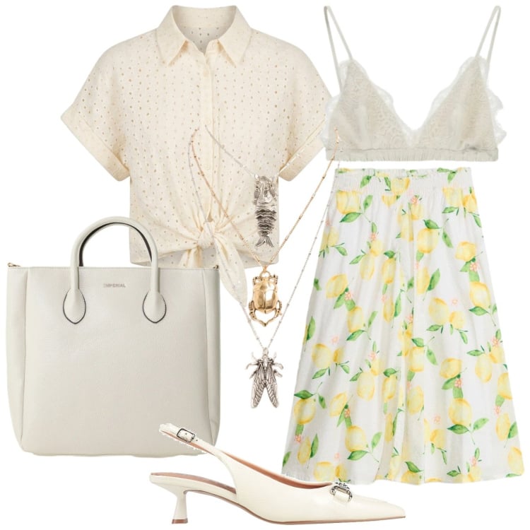 Outfit donna - Sulla costiera. Stile Bon Ton per Mare. Abbinamento con décolleté, gonne longuette, reggiseni, borse a tracolla, camicie a manica corta, ciondoli.