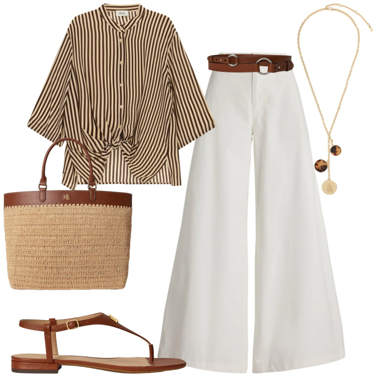 Outfit donna - City. Stile Urban per Tutti i giorni. Abbinamento con pantaloni, sandali in pelle, cinture, collane, borse tote, camicie.