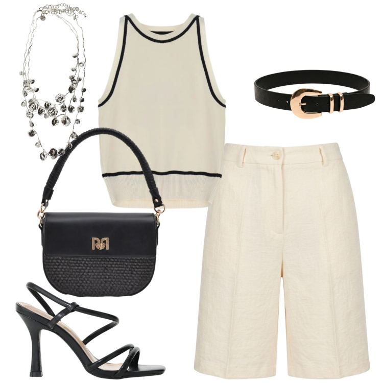 Outfit donna - Giugno. Stile Casual chic per Tutti i giorni. Abbinamento con top, sandali col tacco, borse a spalla, collane, bermuda, cinture.