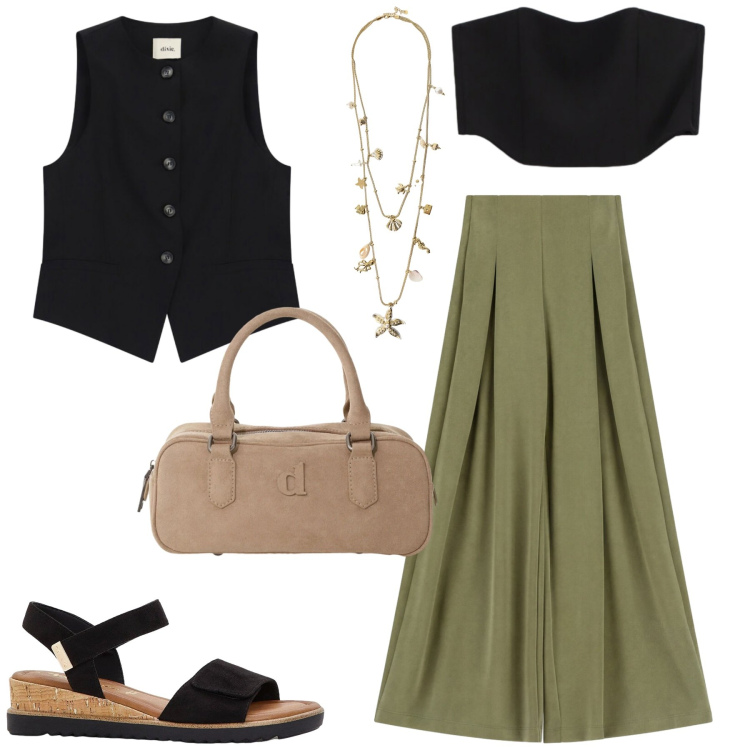 Outfit donna - City. Stile Casual chic per Tutti i giorni. Abbinamento con sandali, top, collane, pantaloni a palazzo, cappotti, gilet.