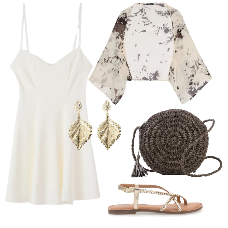 Outfit donna - Serata aperitivo chic. Stile Chic per Serata fuori. Abbinamento con borse a tracolla, vestiti corti, bolero, orecchini, sandali.