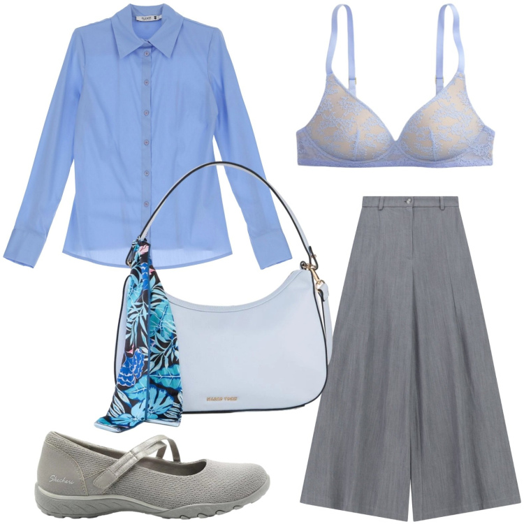 Outfit donna - Ballerine comode. Stile Bon Ton per Ufficio. Abbinamento con borse a mano, ballerine, pantaloni a palazzo, camicie, reggiseni.