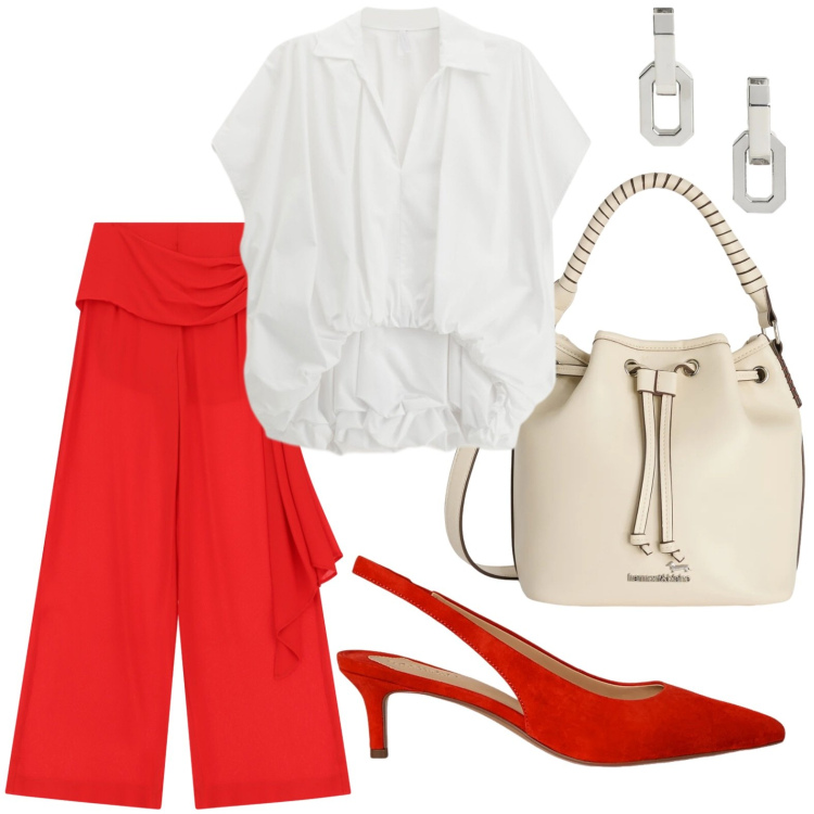Outfit donna - Office glam. Stile Casual per Ufficio. Abbinamento con borse a secchiello, camicie a manica corta, pantaloni a palazzo, décolleté, orecchini.