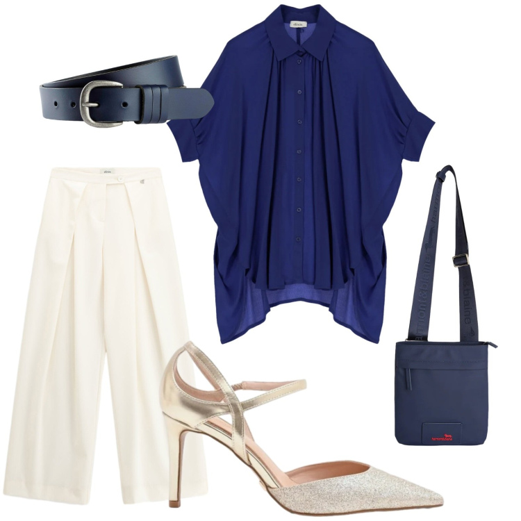 Outfit donna - Camicia confortevole. Stile Casual per Ufficio. Abbinamento con cinture, borse a tracolla, décolleté, pantaloni a palazzo, camicie.