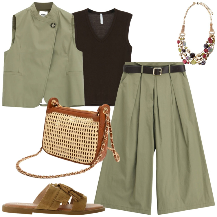 Outfit donna - Sage. Stile Casual chic per Tutti i giorni. Abbinamento con top, sandali, pantaloni a palazzo, gilet, collane, borse a spalla.