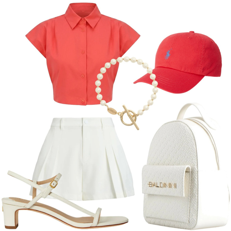 Outfit donna - Elegante casual. Stile Bon Ton per Tutti i giorni. Abbinamento con zaini, camicie a manica corta, cappelli, minigonne, sandali in pelle, braccialetti.
