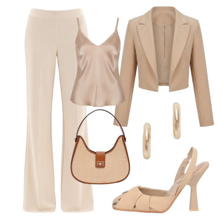 Outfit donna - Colore luminoso. Stile Chic per Cerimonia. Abbinamento con décolleté, pantaloni a palazzo, bolero, borse a spalla, top, orecchini.