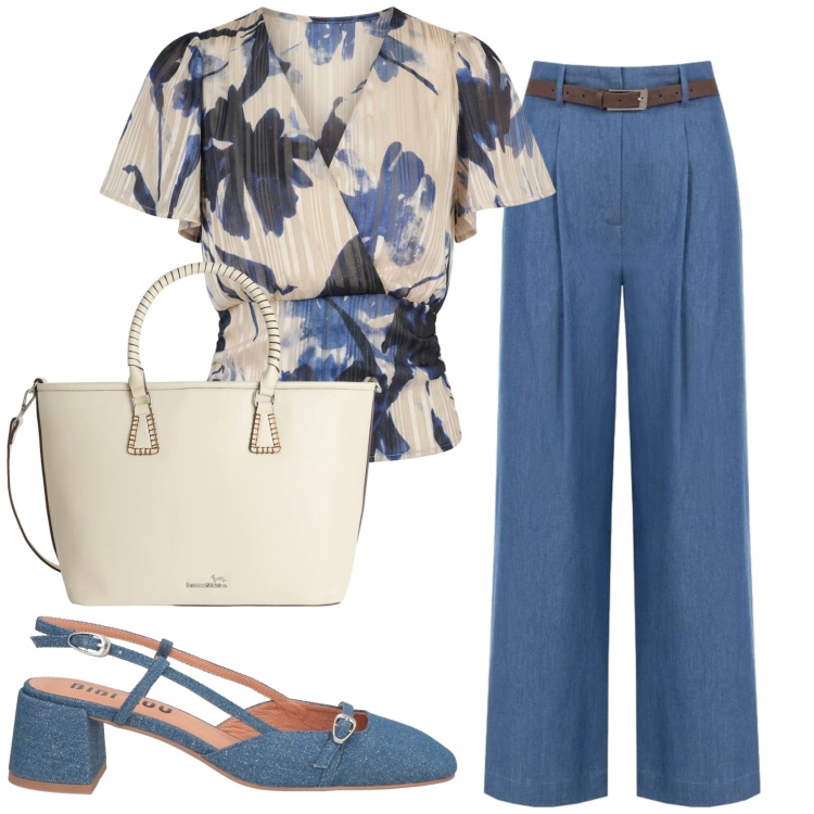 Outfit donna - Total look #2419000. Stile Bon Ton per Ufficio. Abbinamento con décolleté, shopping bag, pantaloni a palazzo, bluse.