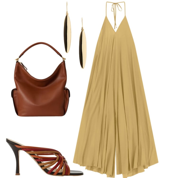 Outfit donna - La tuta Dixie. Stile Casual chic per Tutti i giorni. Abbinamento con borse a spalla, orecchini, tute, sandali.