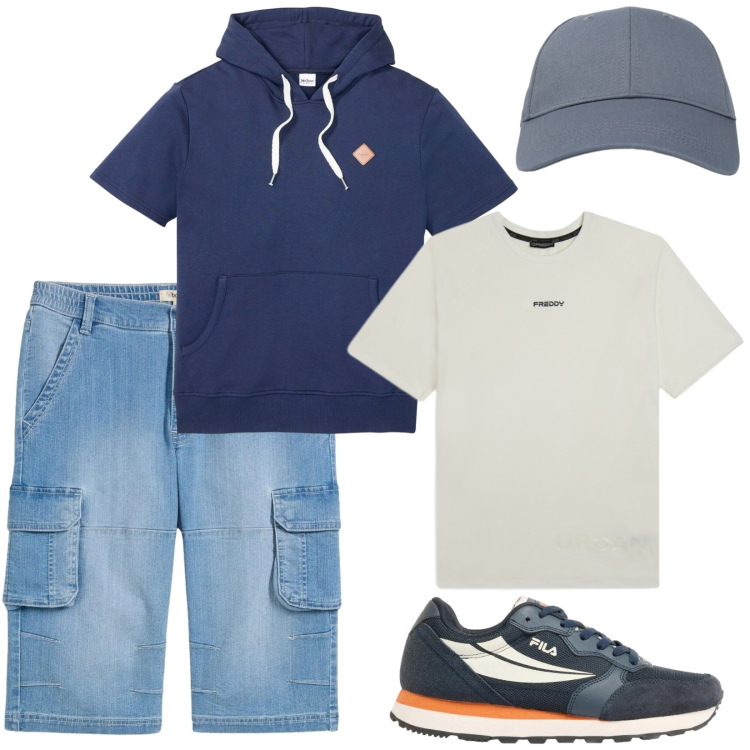 Outfit uomo - Mattina presto al parco. Stile Casual per Tutti i giorni. Abbinamento con bermuda, sneakers, felpe con cappuccio, cappelli con visiera, t-shirt.