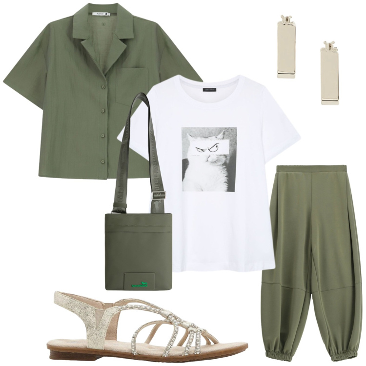 Outfit donna - Sandali luminosi. Stile Casual per Tutti i giorni. Abbinamento con sandali, borse a tracolla, pantaloni, camicie a manica corta, t-shirt, orecchini.