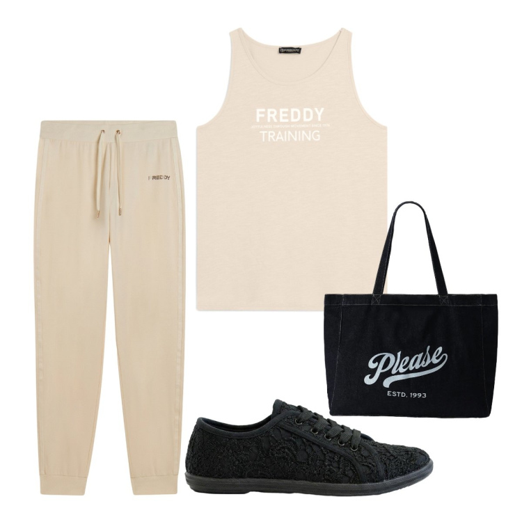 Outfit donna - Sporty neutro. Stile Minimal per Sport. Abbinamento con sneakers, shopping bag, pantaloni, canottiere.