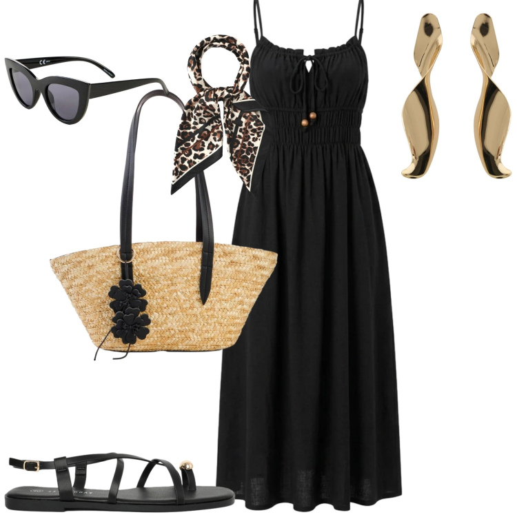 Outfit donna - Summer. Stile Casual chic per Tutti i giorni. Abbinamento con shopping bag, occhiali da sole, foulard, sandali, vestiti lunghi, orecchini.