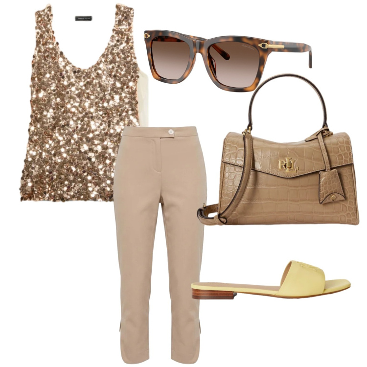 Outfit donna - Paillettes di giorno. Stile Glamour per Tutti i giorni. Abbinamento con pantaloni, top, ciabatte, borse a mano, occhiali da sole.
