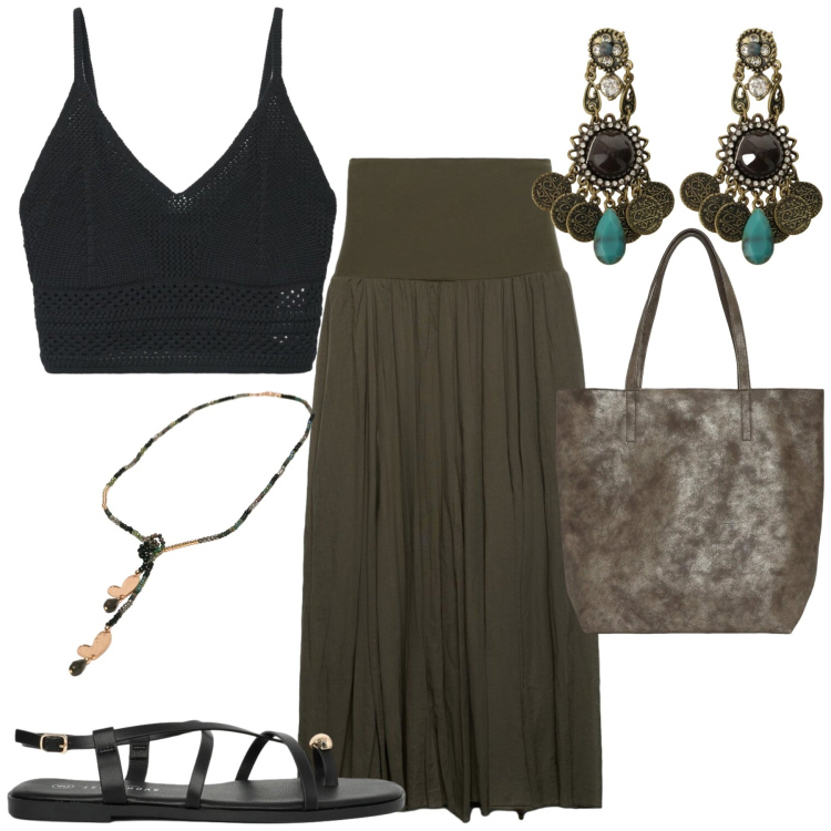 Outfit donna - Boho style. Stile Boho per Tutti i giorni. Abbinamento con gonne lunghe, shopping bag, sandali, top, collane, orecchini.